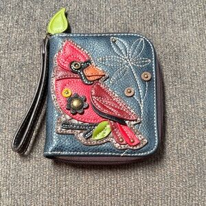 Chala Red Cardinal Applique Wristlet Faux Leather Wallet with Navy Base